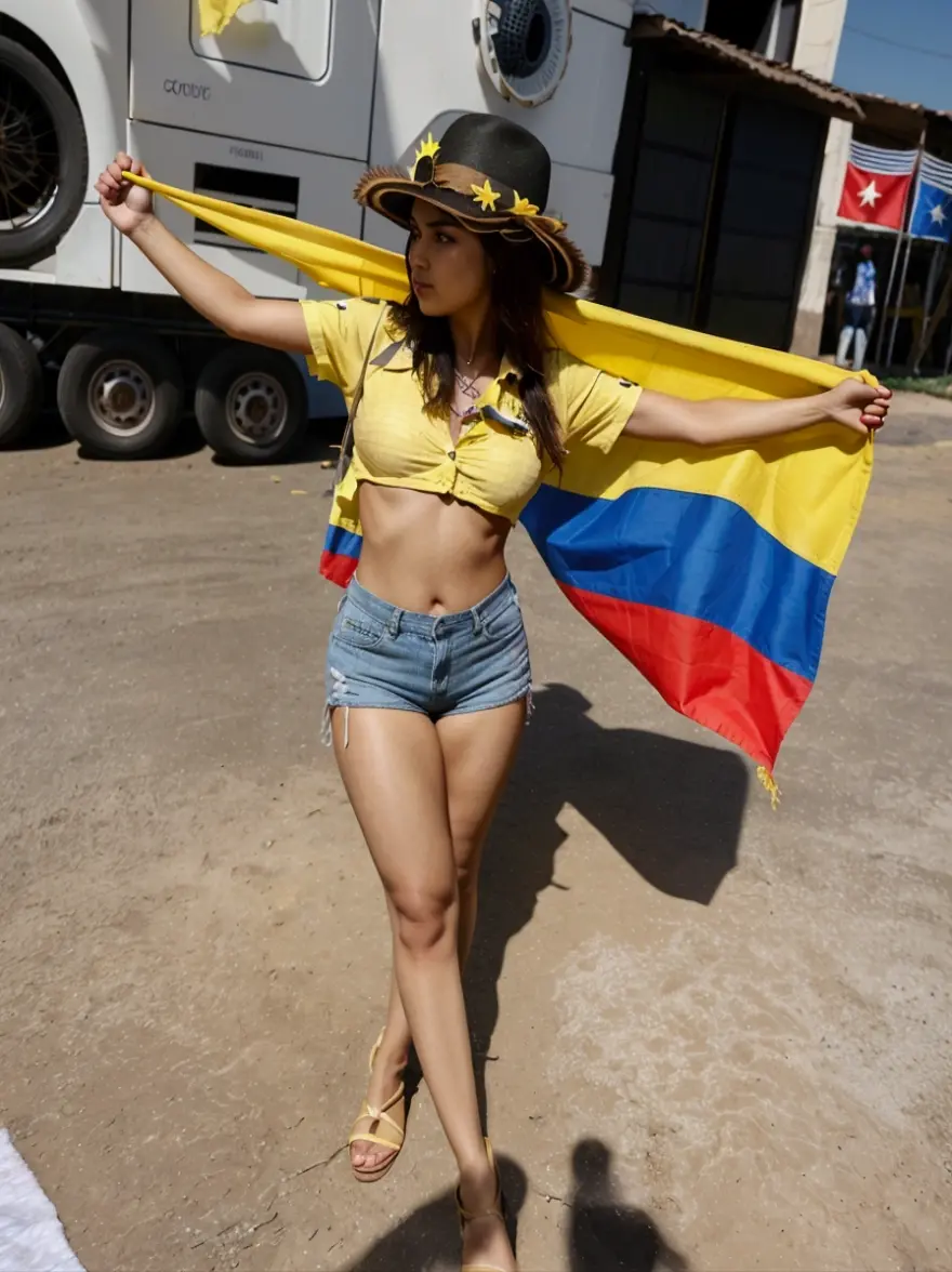 Araffe woman with hat and yellow shirt holding a flag., Colombian, Colombia, 🇺🇦, 🚿🗝📝, isabela moner, Mujer Colombiana de 18 años., 🤠 using a 🖥, with yellow cloths, in the world cup, Alanis Guillén, 😃😀😄☺🙃😉😗, beautiful lady