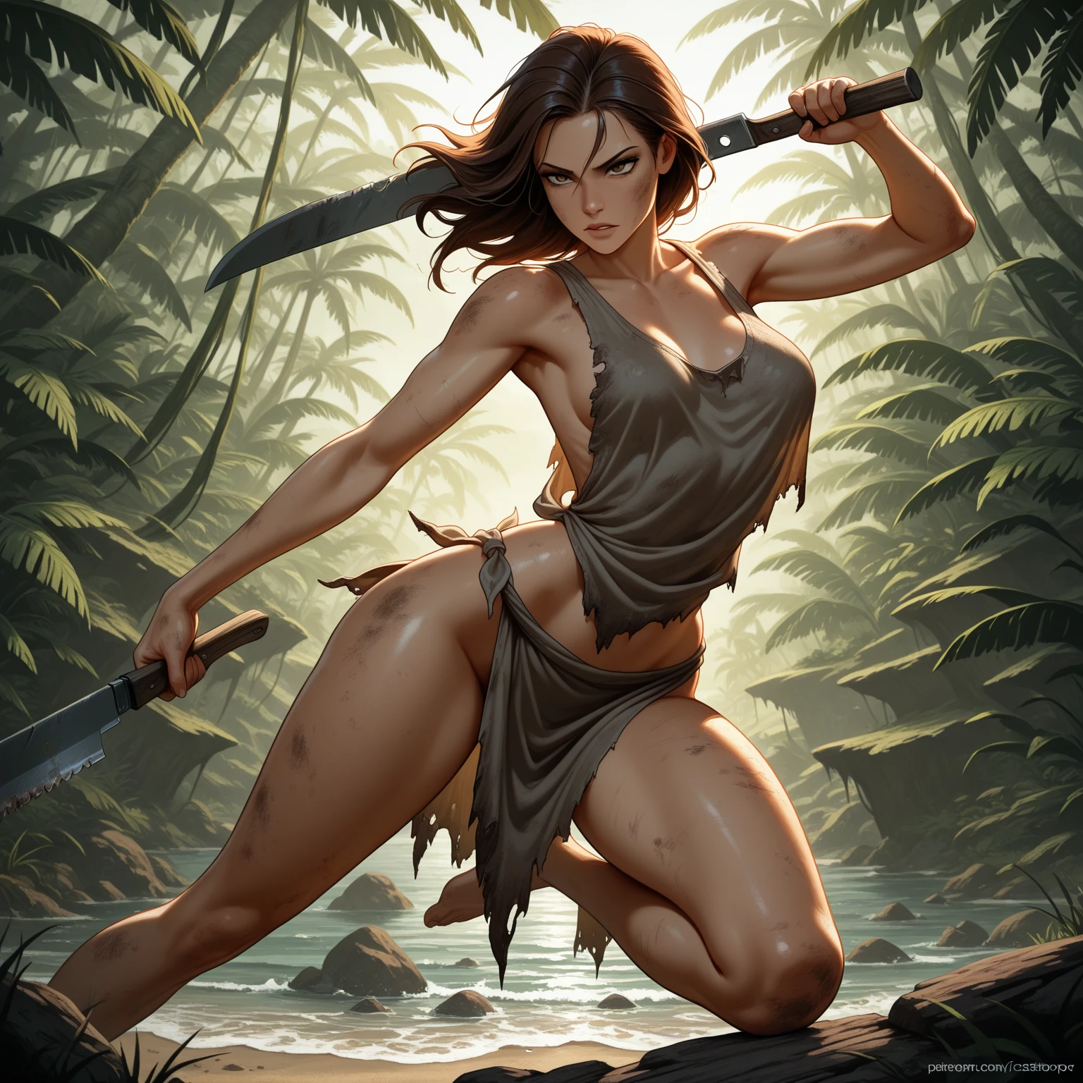 ((Simon Bisley)), Beautiful full-body woman, 30 years old, muscular and perfect body, barbarian warrior with little clothing, tiny thong, large breasts, generous neckline, holding a bloodstained sword, brave face, dark kingdom, sexy pose, walking on a pirate beach