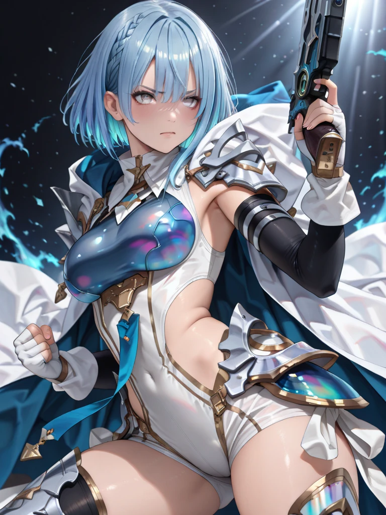 （best qualtiy，detailed back ground，Highest high resolution，8k wallpaper，full bloom，messy  hair，shinny hair，Exposure to light，Bright pupils），((Shen He（Genshin Impact）))，1个Giant Breast Girl，long whitr hair，silber hair，randome pose，glass ceilings，Hair covers one eye，long leges