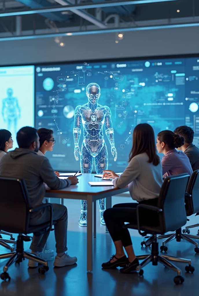 (Very Realistic):1.5, Company employees in a meeting room discussing, perfect anatomy, hidden hands, Graphs on a screen, 8k, HD