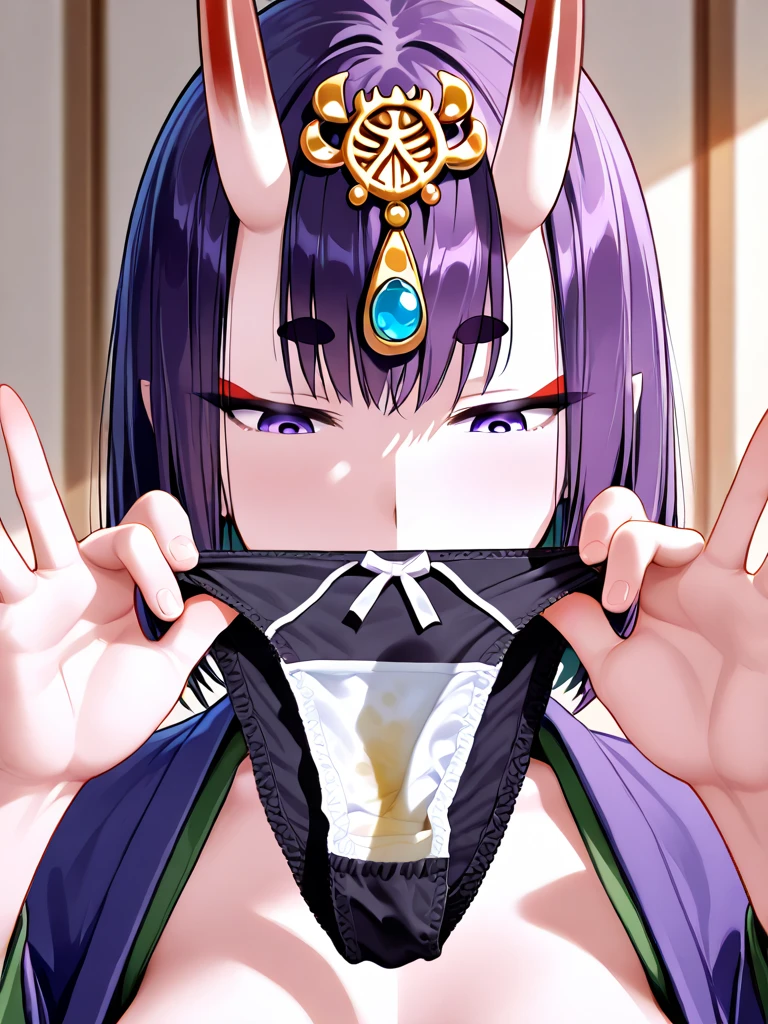 masterpiece,best_quality,(1girl),shuten douji (fate),fate/grand_order,fate_(series),sitting,(oni),(oni horns),((horn on forehead)),skin-covered horns,bob cut,short hair, revealing clothes,bare foot,makeup,eyeliner,kimono,purple kimono,open kimono,purple_eyes,purple_hair,cleft_of_venus,Japanese_room,pale skin,((sakazuki)),sake cup ,holding sakazuki,small breasts,pointy ears,thick