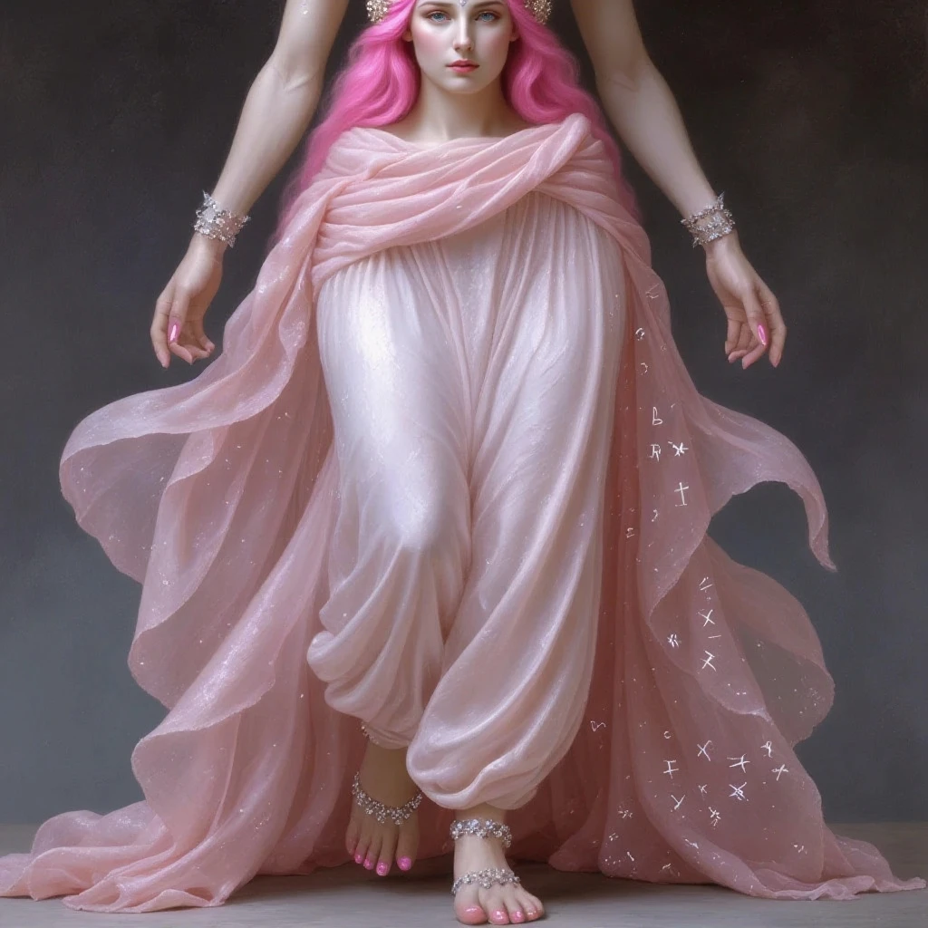 designed by frederic edwinchurch, landscape art, hdrerotic, slender, intricate details, intricate background running, she has high cheeks, she is dressed in a dull thobe that was forged bycola, it is sensual, pink hairstyle, earbuds, illustration, lustful