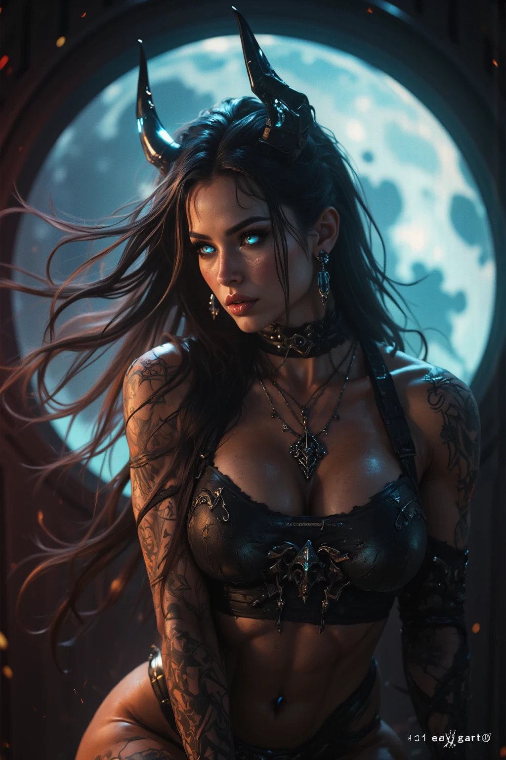 Beautiful painting of a perfect smiling female Succubus with small horns, a slender figure, large breasts, and shapeless long hair, adorned in an extremely baroque corset and lingerie that enhances her seductive allure (upper body shot). The abstract beauty of her near-perfect features, showcasing her ethereal allure, is a feast for the eyes, epitomizing pure form and dynamic pose. The background is an ethereal scene bathed in deep dark shadows, with strong cinematic lighting and back lighting, adding to the stunning details and intricate textures of this masterpiece. Concept art by renowned artists Greg Rutkow