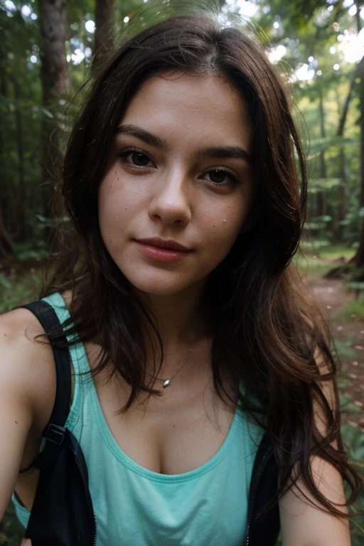 A troubled looking 19 yo white teen girl in a camouflage tank top in the woods. Cleavage. Close up