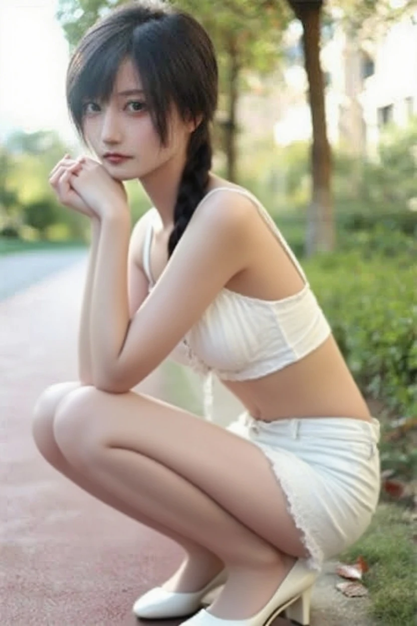 (((nffsw))), (((masutepiece))), (((8K))), (((hight resolution))), (((surrealism))), (((Cinematic lighting))), god rays, Zoom Layer, (((FULL BODYSHOT))), F/4.0, canon, Shiny skin,Detailed skin,Detailed face, Detailed eyes, Cute Japan 18 year old idol, No top, Posing in the park, Short bob hair, white tank tops, tiny chest , Panties are exposed, White ruffled panties, Heart Earrings, A bracelet, Casual sneakers, Everyday sights,  sunny sky, Park slides
