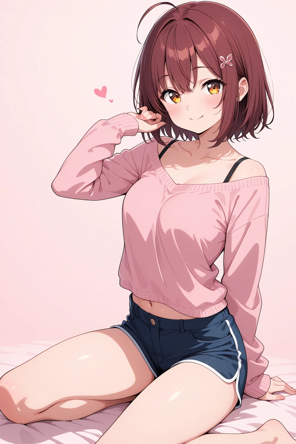 a cute shy busty girl with long brown hair with blue eyes wearing a red hoodie with a white t-shirt with a heart cut out on it where you can see her stomach and with black retro shorts