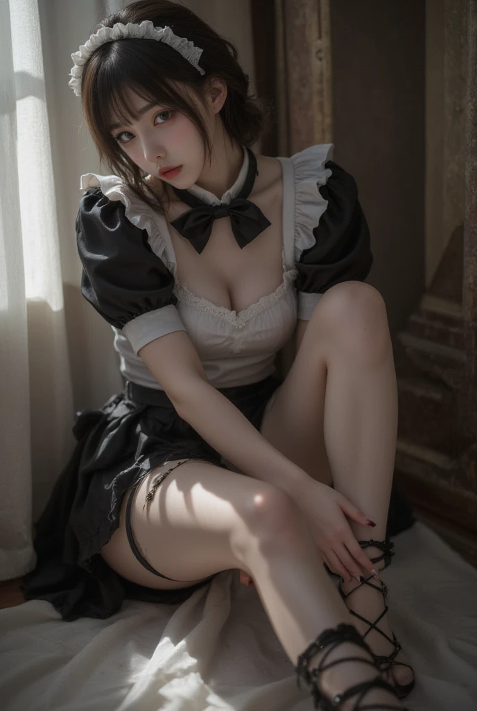 There is a woman sitting in a chair in the room, seductive anime girl, Guvez style artwork, beautiful seductive woman, smooth, cinematographic, blurred background, extremely detailed art, gorgeous maid, Ilya Kuvhinov. 4 K, Guvitz, [ 4 K Digital Art ]!!