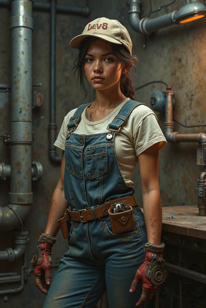 ((best quality)), ((masterpiece)), (detailed), mesmerizing and alluring female mechanic covered in grease,Confident smile,Look into the camera,(Dirty and rugged body:1.2), (tough and confident demeanor:1.1), (mechanical expertise:1.3), ponytail hair, smudged face with a playful smirk, (zippered workpack coveralls:1.3) loose from her body, and abs, cluttered repair shop, scattered car parts, (authentic automotive ambiance:1.2), (inocent gaze:1.1), gripping a wrench in her dirty hands, 8k resolution,looking at another, looking away,(irezumi tattoo:1.2), masterpiece, best quality,Photorealistic, ultra-high resolution, photographic light