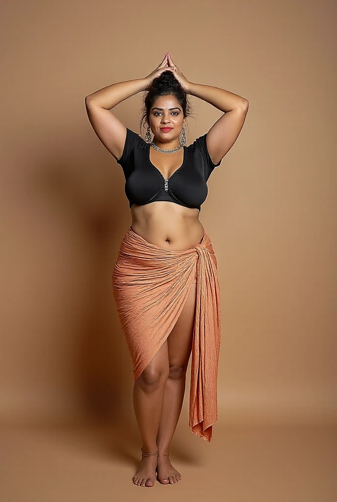 (photorealism:1.2), beautiful indian north indian married chubby woman, 35yo, big breasts, holding a long black pole, wearing indowestern skirt agd black strappy choli top, long straight hair pony, indoors, soft lighting, nothing in background, matching traditional footwear