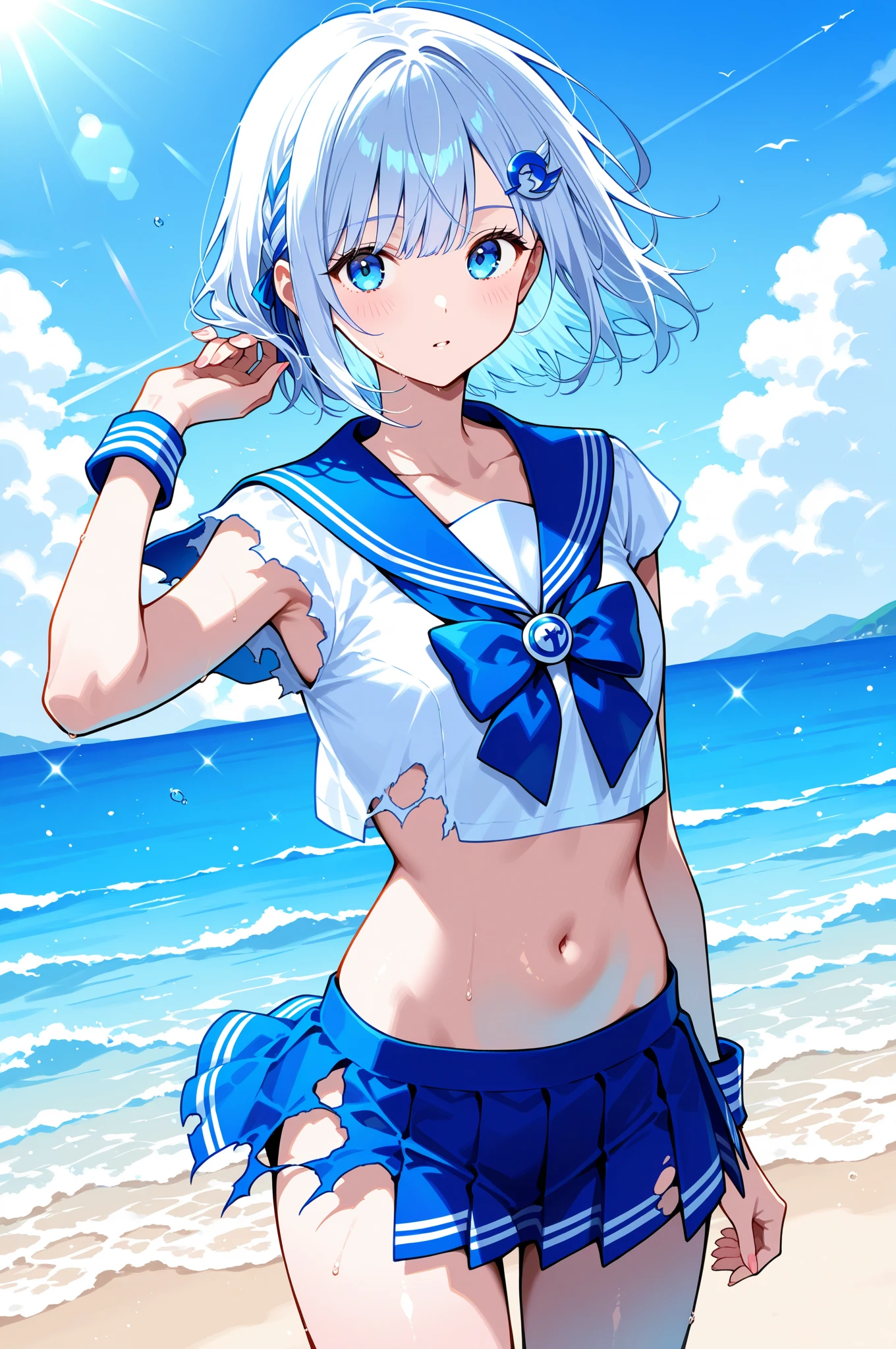 High resolution、Girl、Silver Hair、short hair、Fox Ears、blue eyes、Slender、Small breasts、Ocean,Sailor suit,、On board,summer,7moon,Sweat,blue sky