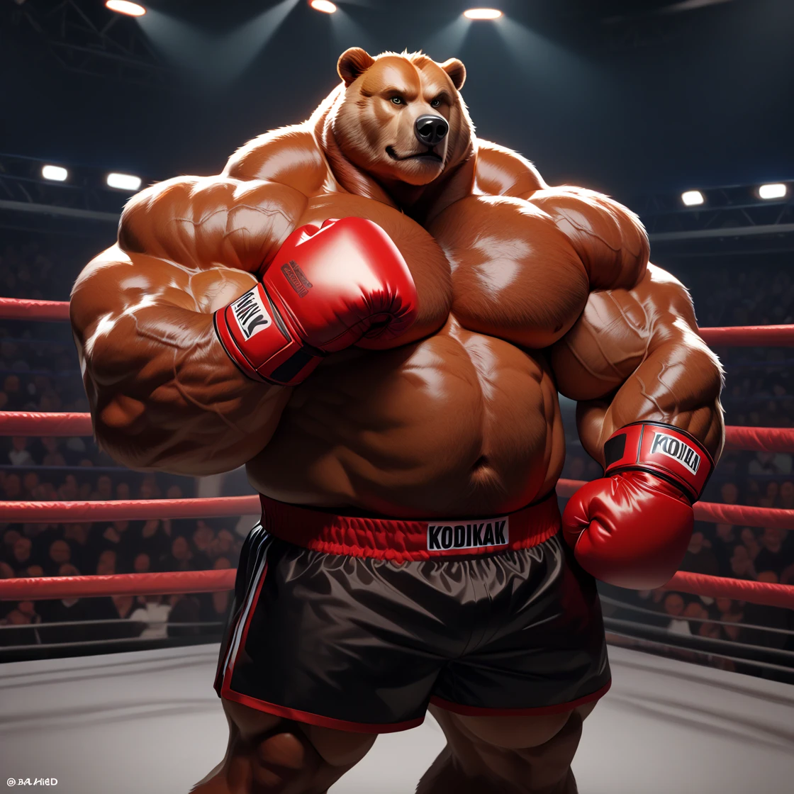 Baloo as the kickboxing MMA Champion, huge thick muscles, shirtless and topless, kickboxing gloves, MMA shorts, footwear, brown fur, correct anatomy, by Walt Disney