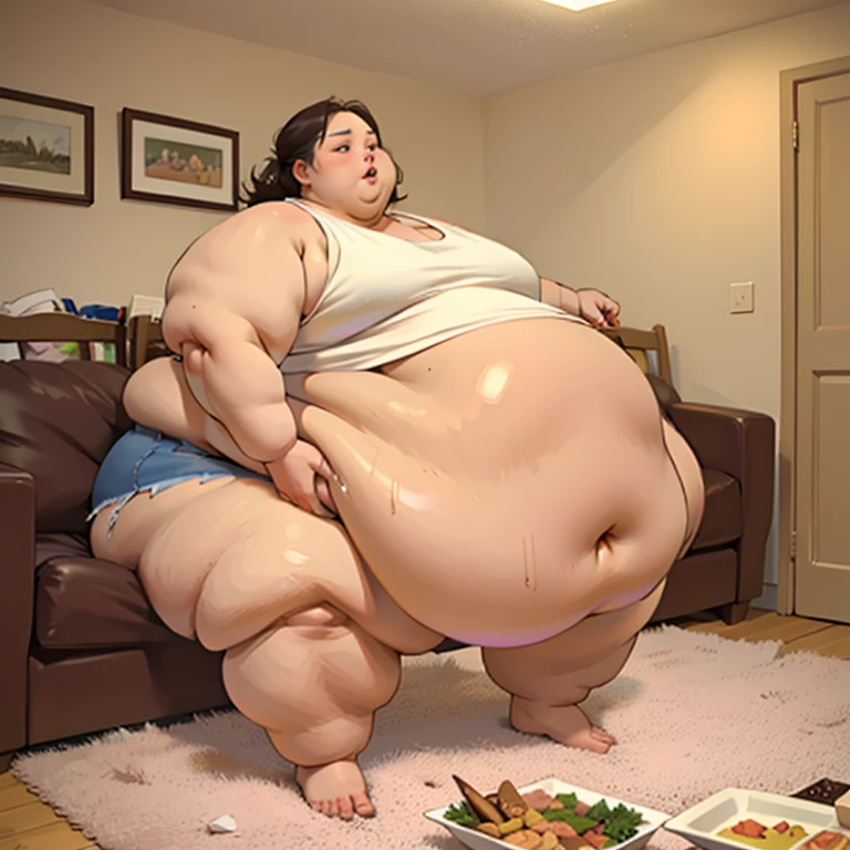 A Gamer photo of a young beautiful bottom heavy Gamer redhead ssbbw with pear-bodyhape, extreme wide hips, with long ginger hair soft fat belly, extremely wide fat obese hips, very obese legs, thick fat wide legs and fat arms, huge wide butt, cute pretty face, fat saggy breasts, in comfortable gamer clothes, Wearing a headphone on her head, sitting on a couch playing videogames with an XBOX controller, holding a videogame-controller in one hand and a slice of pizza in the other, there is a pizza and a lot of snacks next to her on the couch, in a modern living room in the evening