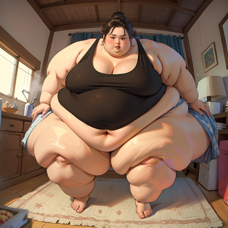 (masterpiece, best quality, highres, detailed, realistic), young black woman, USSBBW, (morbidly obese:1.7), (detailed face, beautiful face:1.2), high aesthetic, surrounded by family, (worried expression), nude, sitting on the floor, being force fed