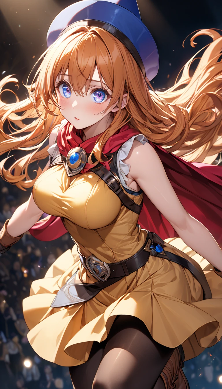 masterpiece、1 beautiful girl、fine eyes、smile,puffy eyes、highest quality, 超High resolution, (reality: 1.4), movie lighting、super beautiful、beautiful skin、body facing forward、Upper body,close up of face,(Ultra-realistic)、(High resolution)、(8k)、(very detailed)、(Beautiful and fine eyes)、(Super detailed)、 (wall-)、detailed face、bright lighting、professional lighting、looking at the viewer、look straight ahead、slanted bangs、perfect cosplay, highest quality,super detailed,1 girl,alone,magical princess,blonde hair,blue clothes,blue skirt,brown eyes,feather hair band,long hair,pauldron,boots,red scarf,tiara,white shoes, flower field background,prepare a bow