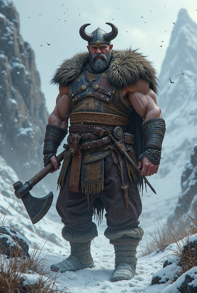 2 meter 50 Viking with bear skin as clothing muscular but thin