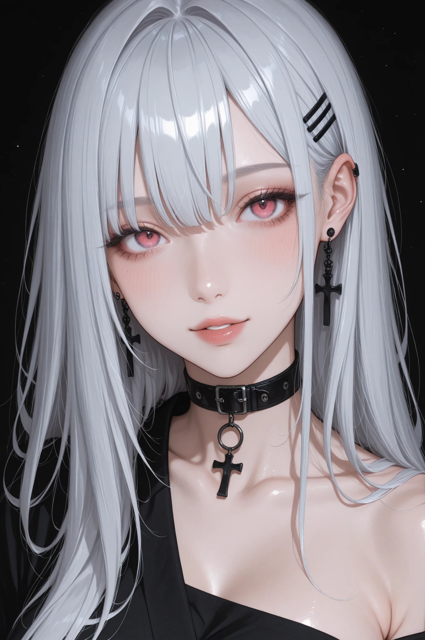 A close-up of a young girl around 19-20 years old with long white hair. Her bangs partially cover one of her eyes, giving her a mysterious look. She has red lips and striking red eyes, with tears of blood streaming down her cheeks. She is wearing headphones, and the image is focused on her face, capturing the eerie and emotional expression. The overall atmosphere is dark and slightly surreal, emphasizing the contrast between her pale skin, white hair, and the vivid red elements.