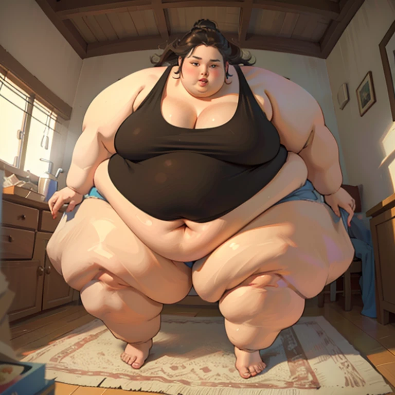masterpiece, best quality, an imposibbly obese girl stuffing herself with a massive cake lying on her back, obese, ssbbw, black hair, purple eyes, massive, enormous, surrounded by cake, cake, cake stains, lying on back, lying on cake, cake background, full-body shot, happy, satisfied, lingerie, tight lingerie, seductive, overhead shot,