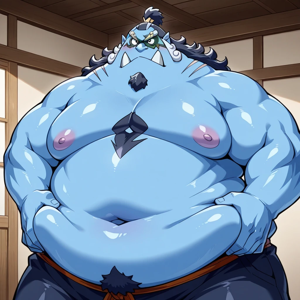 ((Solo)), 1 boy, male, very largest, ((bara)), buff, extremely thickened overweight body, ((((7000 pounds)))):2, (((massive fluffy belly))), (((massive thighs, massive curves, massive pecs, massive biceps))):2.5, (((((dark blue))))), ((hunky)) (((dragon))) with, (((dragon snout))):1.3, ((((((hawaiian shirt)))))), ((tight camo briefs, big bulge, detailed crotch bulge, bulging)), (((looking at viewer))), (((sideways))), hands on hips, standing straight, by zackary911, (zoom out view:1.2)