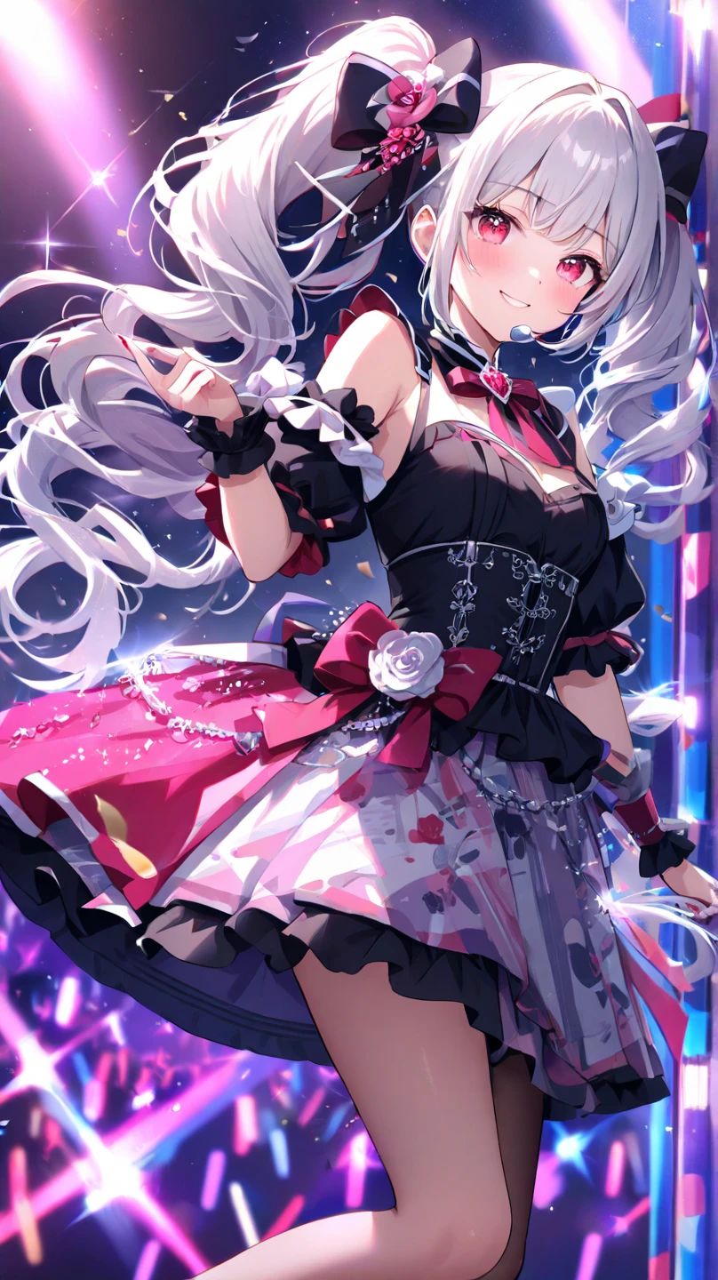 highest quality, High resolution, Detailed Background, Beautiful and dense face, Beautiful, smooth skin, Skin Texture, Cute 25 year old beauty, solo,1 gitl,Realistic,  small breasts, cleavage, happy, paw pose, round and large eyes,Purple, black and white idol dress, The top is elegant with a corset style, Short Skirt,Layer white ruffles on the underskirt, {{Purple Hair, curl outward twin tails , blunt bangs, sidelock, double hair buns, Red eyes}}, {Dynamic Angle, front view, blush, hair ornaments}, (8k unity wallpaper, highest quality), {Perfect hands},The background is inspired by Halloween,bokeh, chibi character,