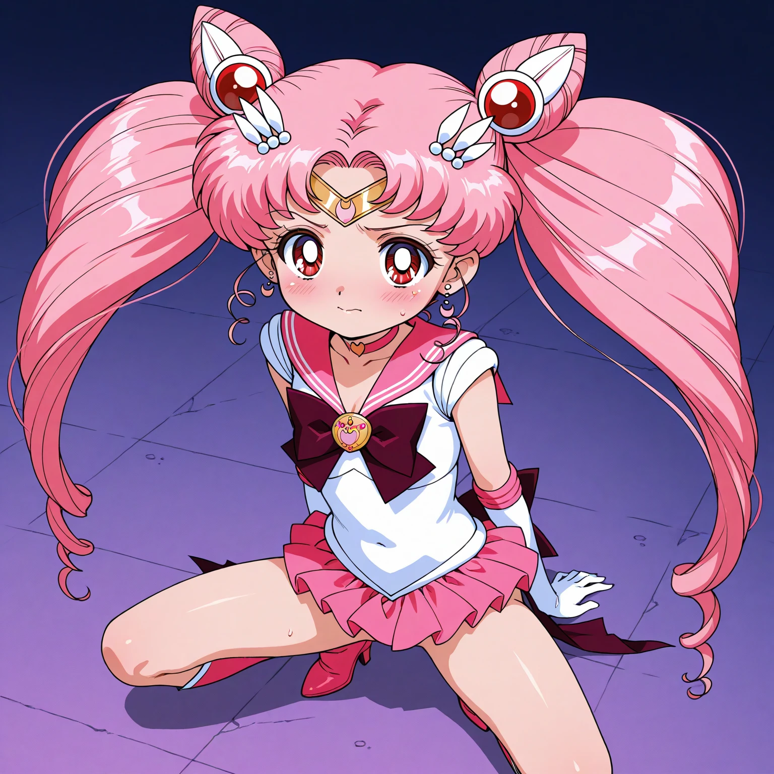 obra maestra, Mejor calidad, absurdos, perfect anatomy, 1 chica, Solo, SMMoon, 1990s \(Estilo\), Sailor Chibi Luna Cabello Rosa, agacharse para acariciar a un cachorro, Petting a small dog,  Sonrisa, tiro de vaquero, Uniforme Sailor Senshi Rosa, Collar marinero rosa, falda plisada rosa, guantes de codo, en postura de espalda, Show off your loot, backward, No thong booty, cuerpo completo, bending down to pet en postura de espalda, Mirando hacia abajo a un cachorro