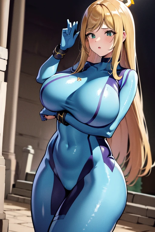 ((best quality, masterpiece, nonsense)), super girl in tights, 1 Girl:1.9, Sexy, Attractive Japanese woman, (18 years old, Expressive blue eyes, Shoulder-length blonde hair, long, Fluffy hair, Huge bust in proportion to body)(((Large Breasts、Low-cut,Cleavage, Wide hips,)))((Long legs)),Hourglass figure,, Terrace of building 1