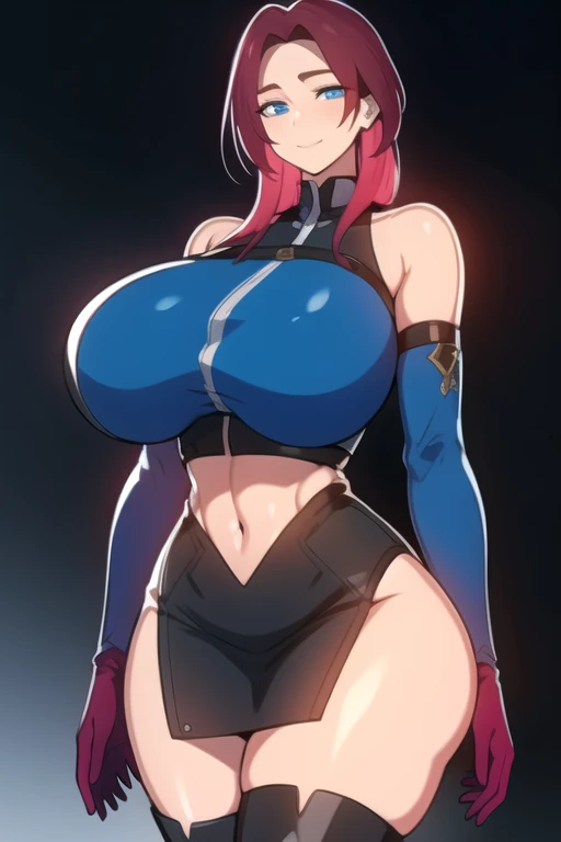 Starfire, masterpiece, best quality, highres, 1, midriff, purple skirt, crop top, purple thighhighs, bare shoulders, belt, smiling, dynamic pose, in a laboratory, (gigantic breasts:1.5), lots of cleavage,