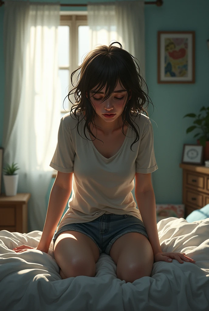 a hyper-realistic portrait of a young woman, half asleep, under a tree, inside a forest, lots of rain, in the middle of nature, 22 years old, realistic, (lying on her side), she is wearing a red panties, (wearing minimal dress), ????, (???????????? 2:1), wet clothing, short brown hair, (hair tied with bows), curved, SFW