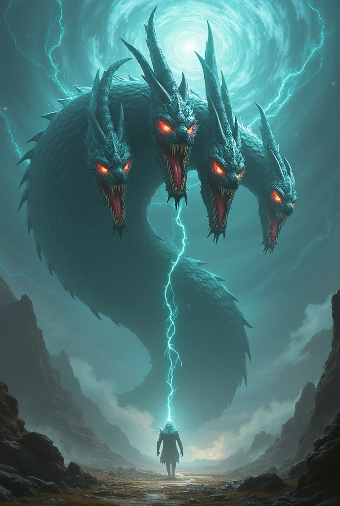 ((best quality)), ((masterpiece)), (detailed), A digital illustration of multiple monsters coming from a dark sky with lightning strikes in the background