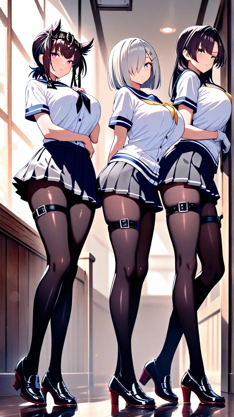 ((masterpiece, highest quality, High resolution, 超High resolution, Perfect Pixel, Depth of written boundary, 4K, RTTX 10.0, High resolution))), (Three adult women:1.3), Beautiful Anime Woman, Beautiful art style, Anime characters, ((Long Hair, bangs, Dark brown hair, ponytail)), ((Beautiful eyelashes)), ((Detailed face, blushする:1.2)), ((Smooth texture, Realistic texture, Anime CG Style)), Perfect body, Slender body, Exact finger count、Exact number of legs、Exact number of arms, (blush:1), (3人の女性はLooking Backスカートをめくって立っている, The women on either side are standing next to the woman in the center:1.2), ((White stylish shirt, Checkered Skirt:1.2)), Knee-high socks, (Lift up your skirt yourself:1), Realistic, Slender body, highest quality, High resolution, 非常にDetailed face, Perfect lighting, Extremely detailed CG, (Perfect hands, Perfect Anatomy), Embarrassed expression, (School classroom:1.3), whole body, ((Stylish white satin panties:1.2)), (Exquisitely designed luxury underwear for adults, パンティーのHigh resolution画像), Angle from the rear, Looking Back