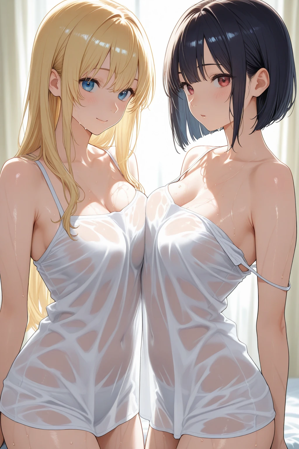 2lady(different hair style), ((ultra-quality)), (Bukkake:1.5), , (side view), (profile), (from back), (sexy back), (side colossal tit:1.6), (in 8K), (arms behind back:1.5), (arms are down), ultla highres, Hyper Detailed, High contrast, Ultrafine Strike, creative refinement, absurdres, Realistic, extremely detailed CG unified 8k wallpaper, Highly detailed, High-definition raw color photos, professional photography, (Realistic portrait), Cinematic Light, Beautiful detailed, 28 years old woman, (realistic skin:1.3), (shiny skin), (Best Quality:1.4), Super Detail, High quality, master piece, lifelike, (After SEX), Bukkake, Perfect face, (cum on chest:1.5), (Bukkake:1.5), (covered by lot of cum:1.3), (Sharp Focus), (upper body), (close up), Delicate Beautiful Hair and Eyes and Face, Delicate eyes, radiant eyes, Lifelike, Hyper-detailing, (Silk sexy dress:1.3), (bare shoulder), (sleeveless), (no bra), (covered breasts), (mini skirt), (Sheer areola:1.1), (colossal breasts:1.6), (big breasts:1.5), (Beautiful breasts:1.5), (smooth stomach), (covered nipples:1.4), (arms behind back:1.3), Beautiful cute woman, camel-toe details, (SFW), wet clothes, (slim body), slim, wet, pale black eyes, (bob cut), (medium hair), (long bangs), (night unpopular private beach:1.2)