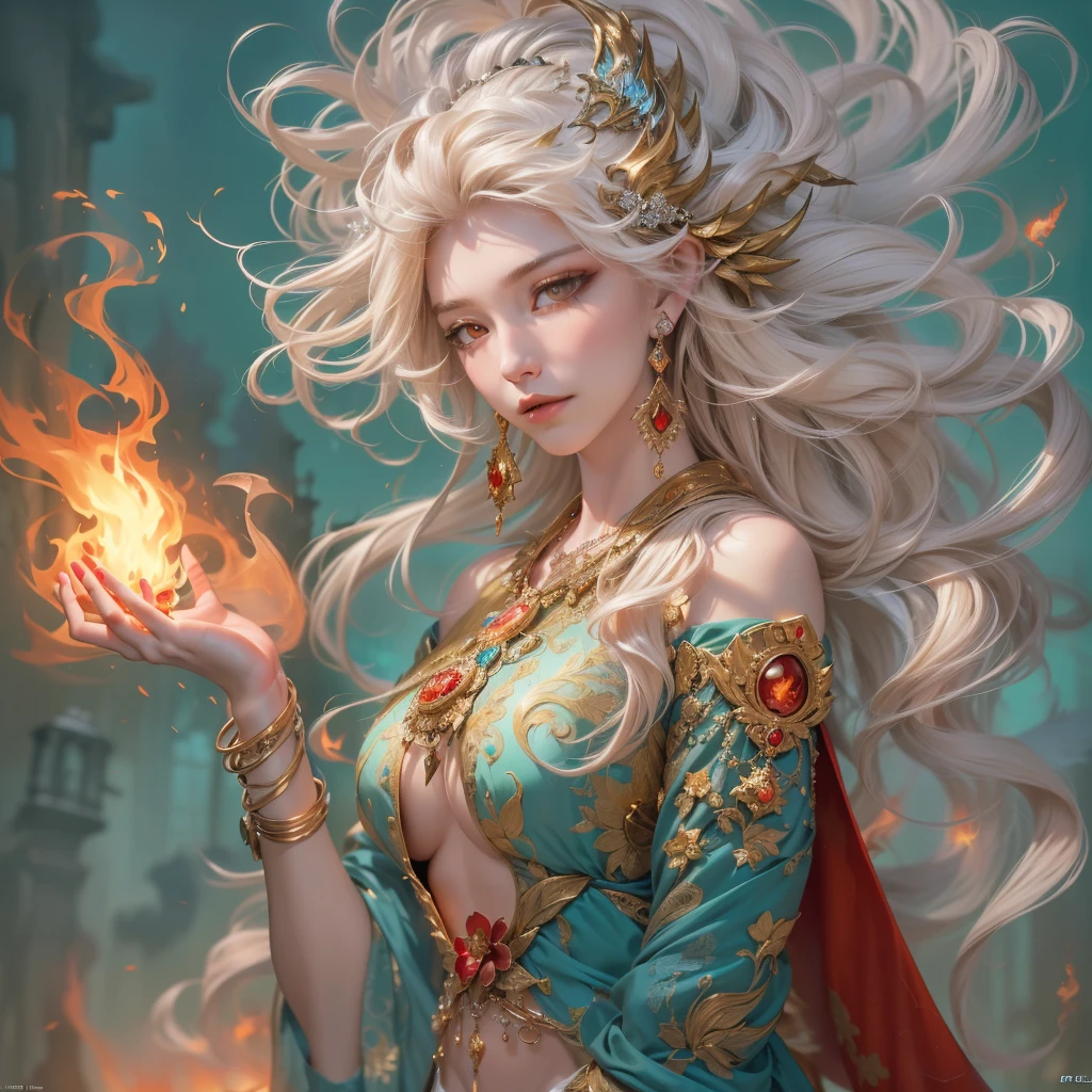 celeste é uma jovem mulher asiática, with the appearance of a goddess who inhabits the year 3.000 a.c. na china. Her wavy white hair falls delicately to her waist., and your amber eyes shine brightly, reflecting a mystical depth and burning heat. His pale skin is flawless, dotted with light freckles and a soft scar on her cheek, giving a touch of intensity to your look.She wears a long, flowing red silk tunic., with a traditional cut that recalls the costumes of ancient Chinese nobility. The tunic is adorned with intricate golden embroidery, depicting flames and phoenixes in flowing patterns along the sleeves and hem. The golden belt, fitted at the waist, It is decorated with flame and phoenix emblems, complementing the style of the tunic.celeste usa uma tiara delicada de ouro com pequenas gemas vermelhas que imitam chamas, and earrings in the shape of small phoenixes, made of gold and rubies. Their gold bracelets have flame details, reflecting the elegance of ancient royal jewelry.Its long, flowing cape, made of fine fabric, sparkles like fire. It&#39;s red with gold edges and flame patterns that look alive., surrounding it with a touch of mysticism and majesty.On the scene, celeste está na grandiosa sala do trono do palácio Ignis, with a vast and imposing environment. The majestic golden throne, adorned with red gemstones and the phoenix symbol, stands out in the center of the room. The walls are decorated with tapestries and murals illustrating the family&#39;s history and connections to the phoenix., while torches and braziers emit a warm light that makes the shadows dance.celeste está de pé próxima ao trono, in a confident and graceful posture, reflecting your royal lineage and special gifts. His tunic and cape stand out, giving the impression that she is enveloped in living flames, while his majestic and enchanting presence dominates the environment.