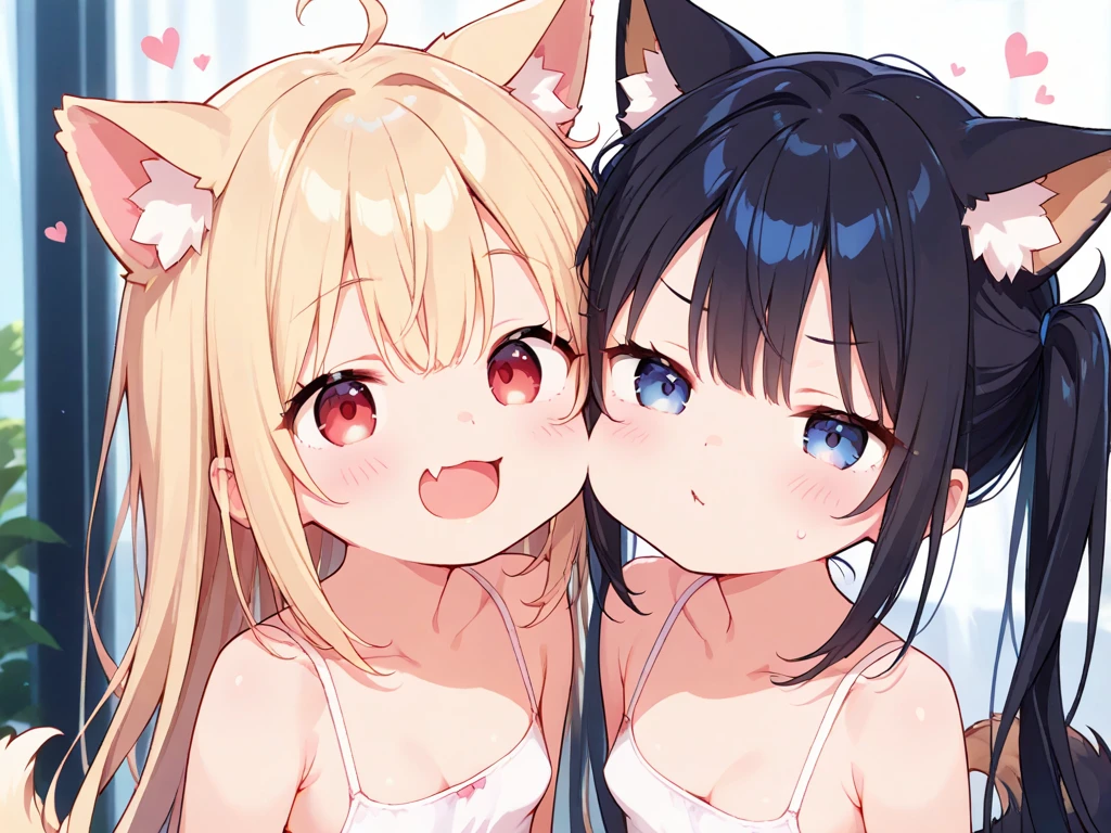 Two young looking girls、Both of them are under teen、Girls A and B、Both A and B are naked.、She was wearing no clothes, underwear, or swimsuit.、The two of them are playing together。
A’s appearance is、Raccoon ears on head、Layered bob hairstyle、Hair color is navy、Dark blue eyes、Collar with blue ribbon、A raccoon's tail coming out of his ass、A moderately plump body type、Lovely atmosphere。
B’s appearance is、Fox ears on head、Her hair is long and straight, reaching down to her waist.、Her hair color is orange.、Hazel Eyes、Collar with pink ribbon、Fox tail from the ass、Normal body type、Lively atmosphere。
The background is a tropical beach with palm trees.、Both of them have cute poses、Touching and fondling each other's bodies on the beach、They are having lesbian sex as if they are playing with each other.。
A composition in which both people's bodies are included in the image、Moe drawings using pen and watercolor。