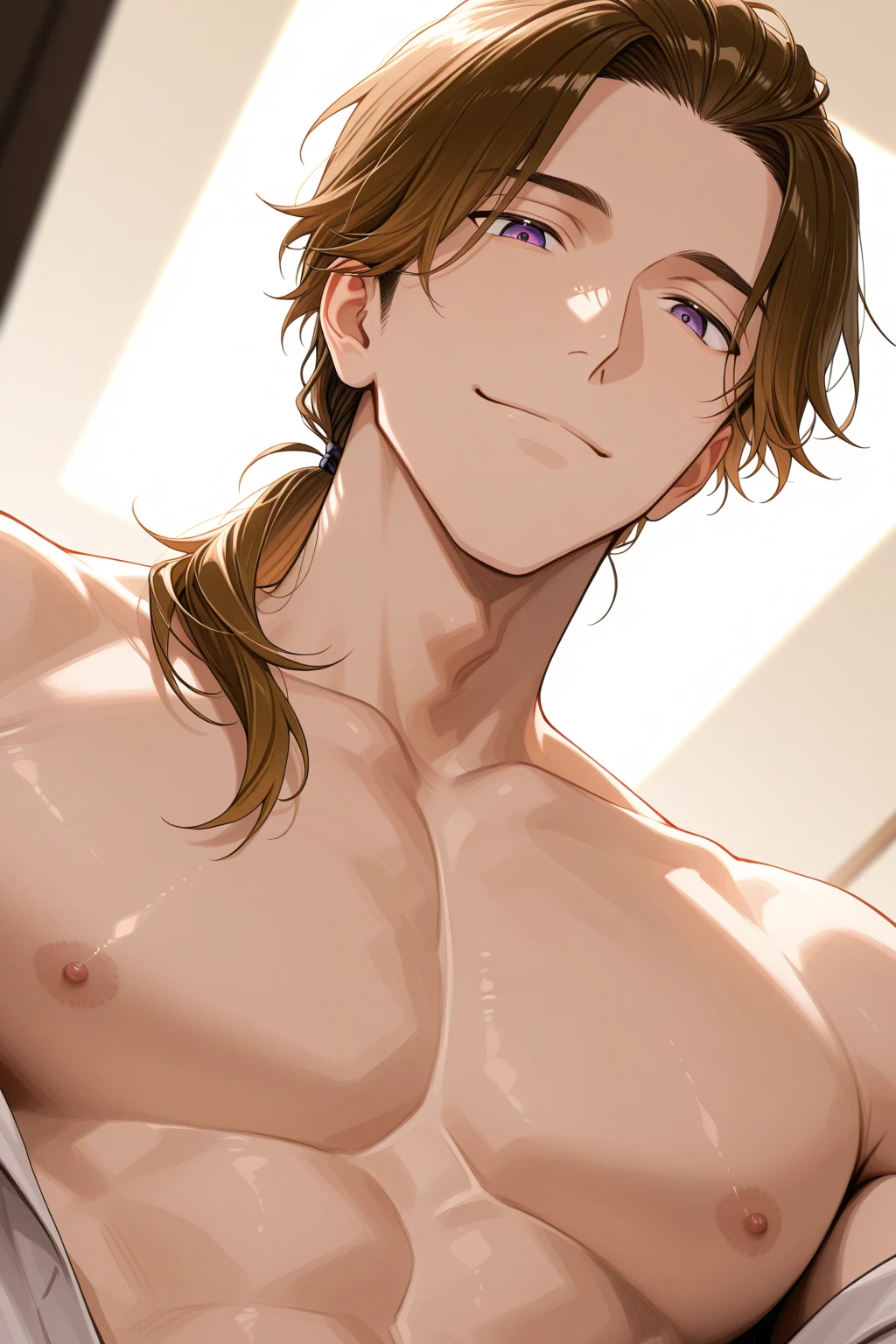 Masterpiece,very aesthetic,1boy((,zhongli)),solo,long hair in low ponytail,yellow gold eyes,male_focus,mature male,face_focus,nude,nipples,narrow_waist,gentle,wise,bangs,nsfw,taking off his shirt,looking over his shoulder
BREAK
illustrated by (guweiz:0.5) and (dsmile:0.35),cel shading,slim face,masamune shiro, casimir art
BREAK
fantasy chinese bedroom,undressing,sultry,detailed key anime art, depth of field, cinematic lighting, ray tracing, UHD, high details, high quality, award winning, super detail, (best quality,4k,8k,highres,masterpiece:1.2)