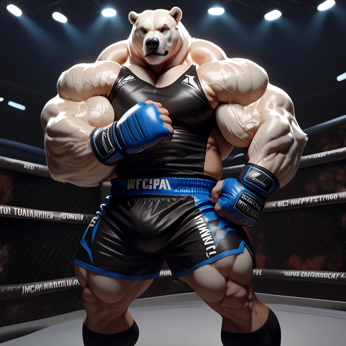 solo, 1boy, Huge Muscular White Polar Bear, huge white fur, pectoral, huge pectoral, wide pectoral, short white hair, black kickboxing MMA fighting shorts, black toeless wootwear, fingerless kickboxing fighting gloves and shirtless and topless, white bearded, white Mustache, white fur, grey eyebrows, gym fitness center background, masterpiece, high detailed, 8k, high resolution, at the gym, flexes huge thorax, looking at the viewer, acting all hunk