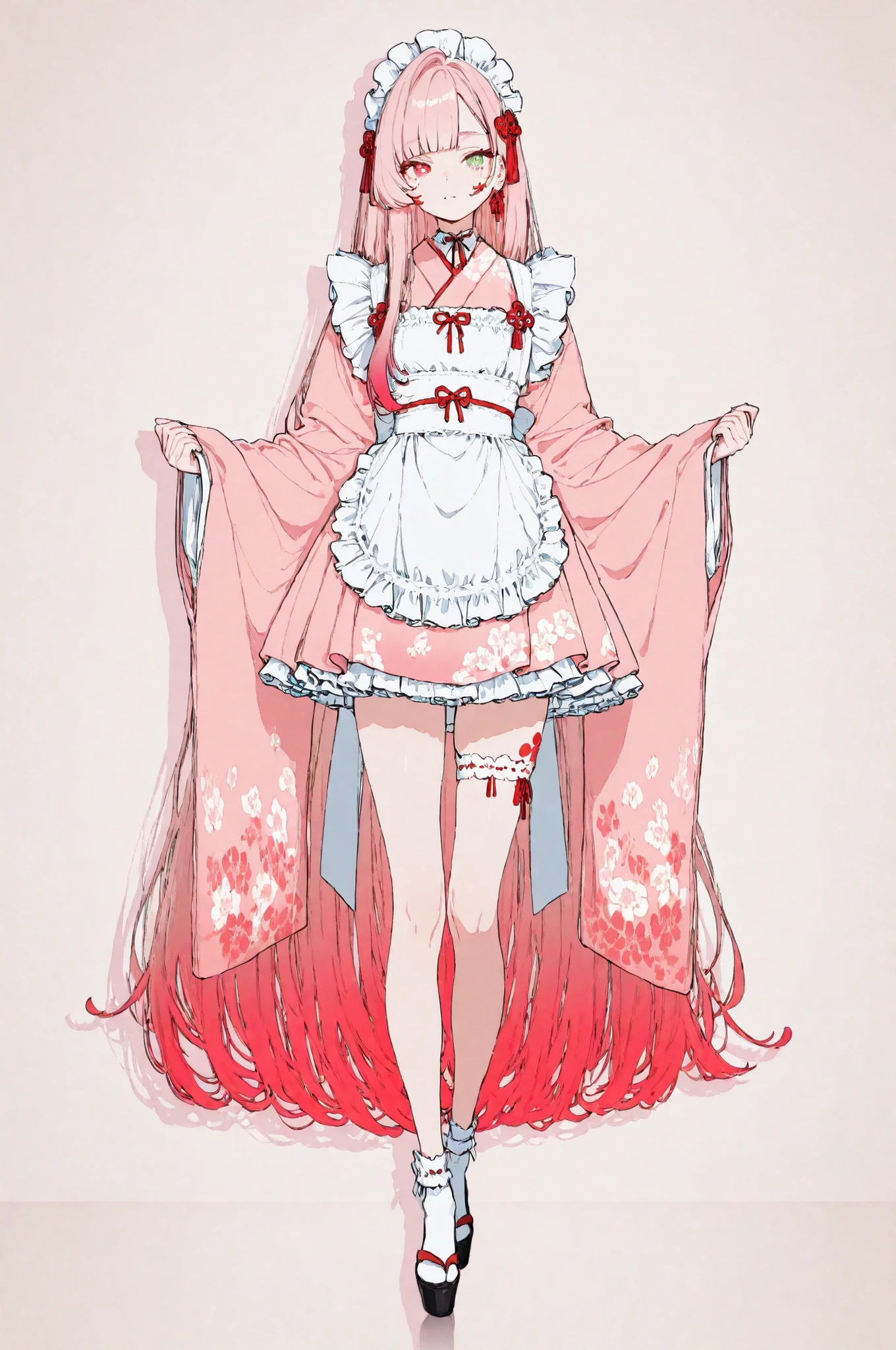 1girl, solo, Full Body, very long hair, gradient hair, Pink Hair, mullet, symbol-shaped pupils, green eyes, Red Eyes, mismatched pupils, longeyelashes, beautiful skin, Japanese clothing, pink kimono, maid, White apron, frills dress, Tall, character design, Surrealism, drop shadow, anaglyph, stereogram, tachi-e, pov, atmospheric perspective, UHD, retina, masterpiece, accurate, anatomically correct, textured skin, super detail, high details, high quality, award winning, best quality, highres