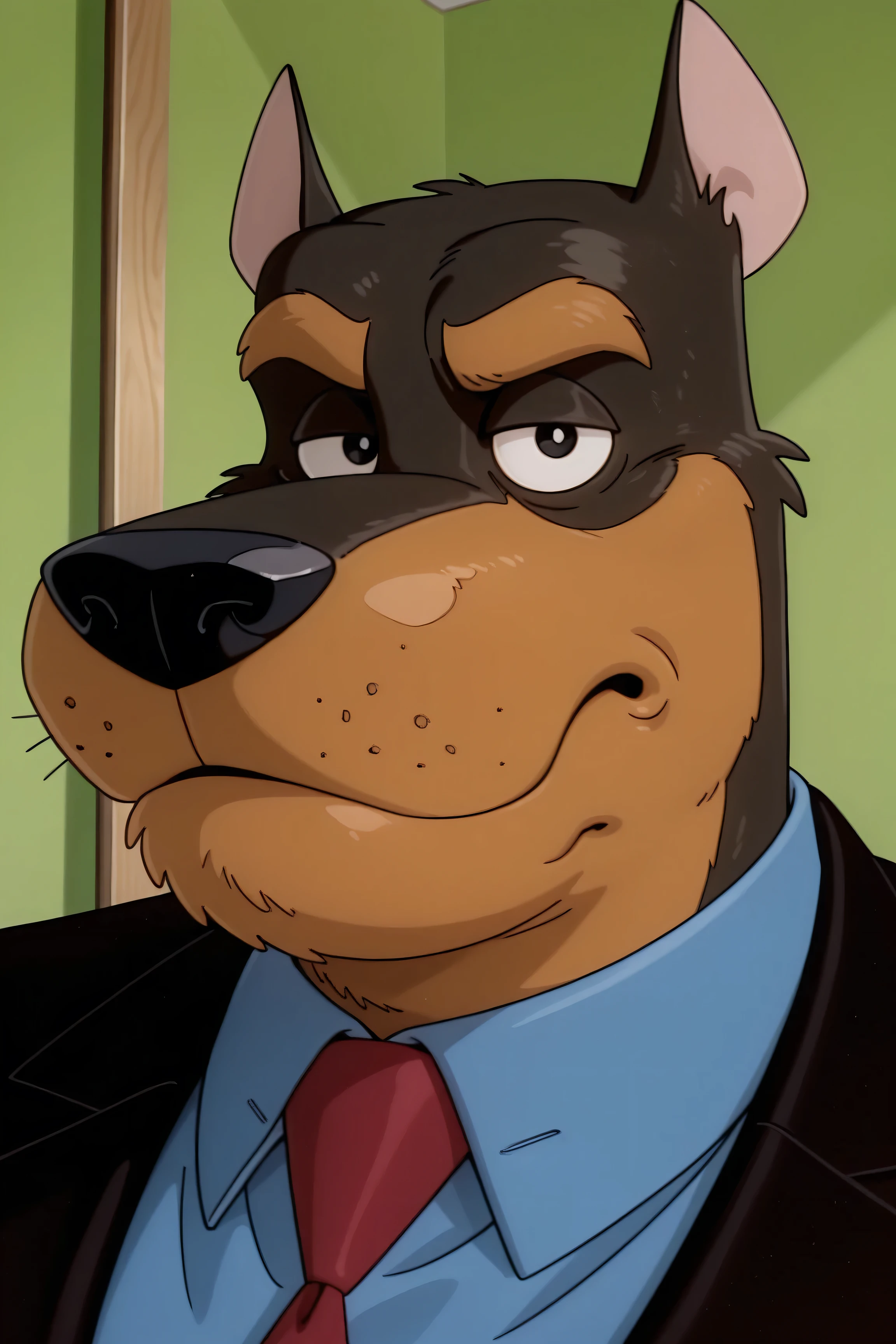 detailed background, detailed fur, ((head shot)), up close shot, Bar0nVr, rottweiler, solo, 1boy, adult male, ((very expressionate)), charismatic, alluring, (looking at viewer), black dress suit, blue dress shirt, red tie, black eyes, detailed eyes, (eyes focus), perfect eyes, big iris, pupils shown, white dot on eye, perfect cartoon animated eyes, visible clear eyes 4k resolution, 8k resolution, best quality, very aesthetic, newest, masterpiece, best quality, amazing quality, very aesthetic, absurdres, newest, high res, ultra detailed, best quality, best artwork, 4k, ultra quality, perfect face, absurdres,masterpiece,best quality,amazing