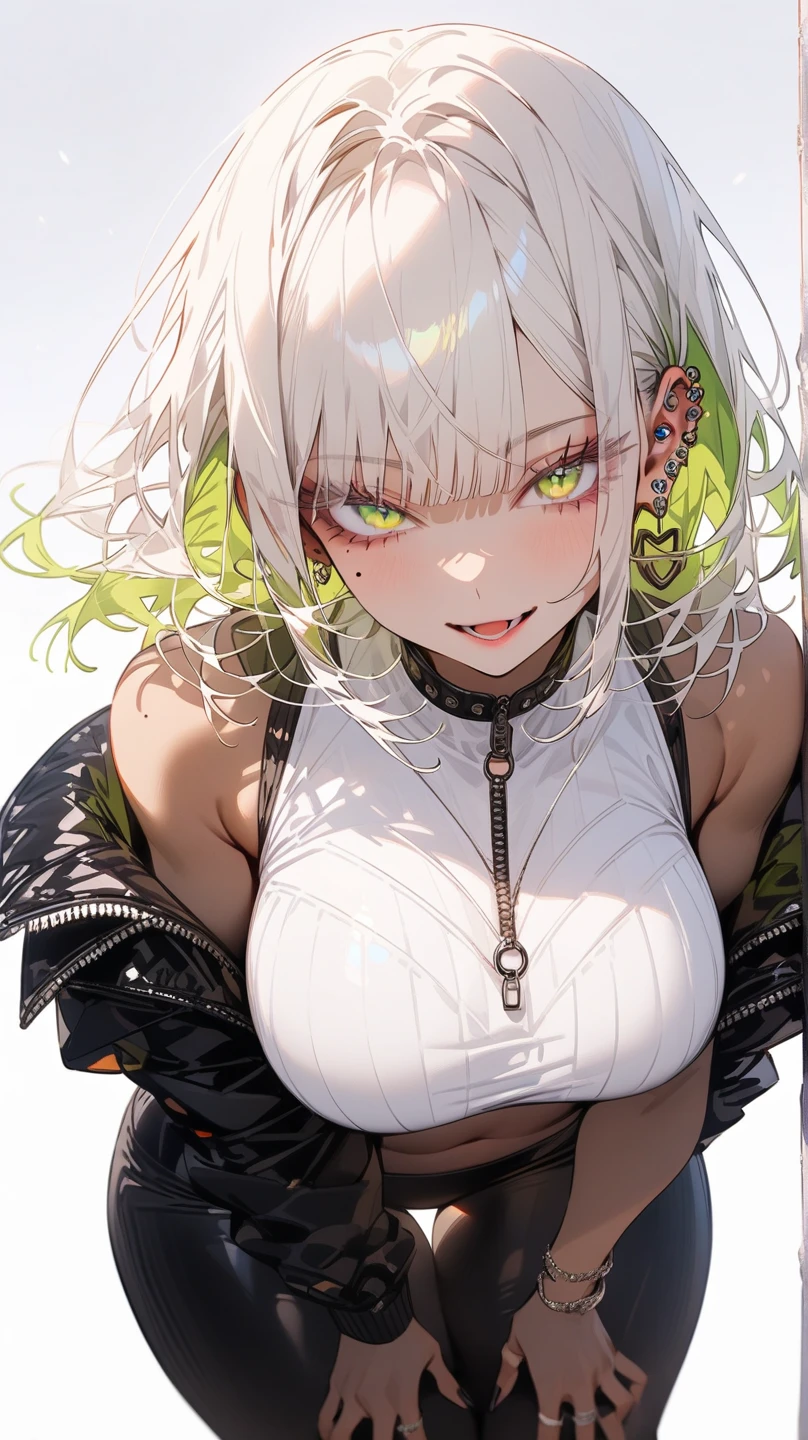 1 Girl, Green Goth Outfit, Green Jewelry, Green Threads, Green Ribbons, Medium Breasts, Green Eyes, Heart Eyes, Platinum White Hair, Twin Tail Hair Style, Pale White Skin, Smooth Skin, Face Freckles, Leather Straps on Thighs, Nice Cleavage, Slutty, Sexy, Sassy, Smirking, Tease, Teasing, Close Up, Upper Body Shot, Teasing, Sexy Pose