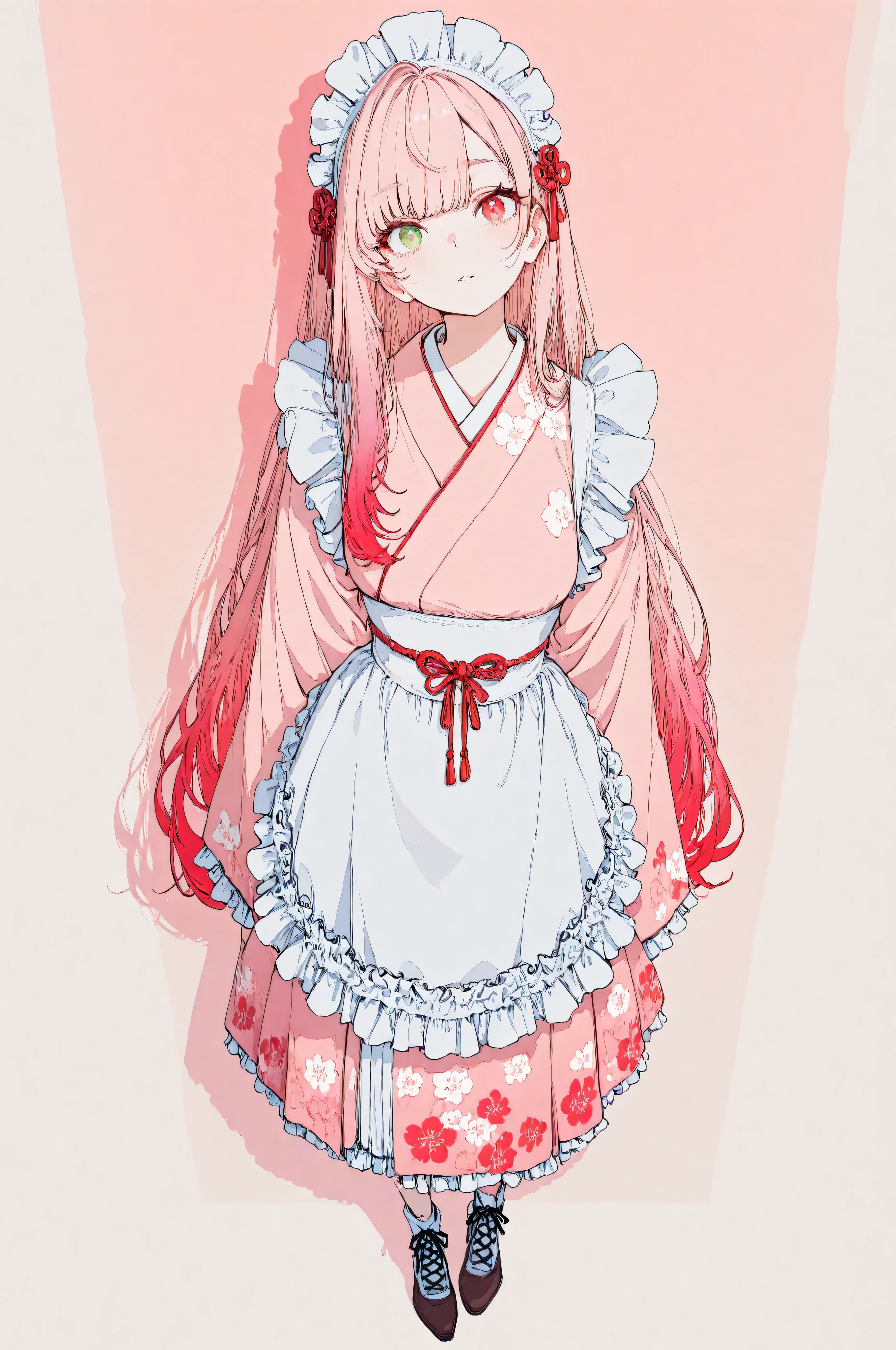 1girl, solo, Full Body, very long hair, gradient hair, Pink Hair, mullet, symbol-shaped pupils, green eyes, Red Eyes, mismatched pupils, longeyelashes, beautiful skin, Japanese clothing, pink kimono, maid, White apron, frills dress, Tall, character design, Surrealism, drop shadow, anaglyph, stereogram, tachi-e, pov, atmospheric perspective, UHD, retina, masterpiece, accurate, anatomically correct, textured skin, super detail, high details, high quality, award winning, best quality, highres