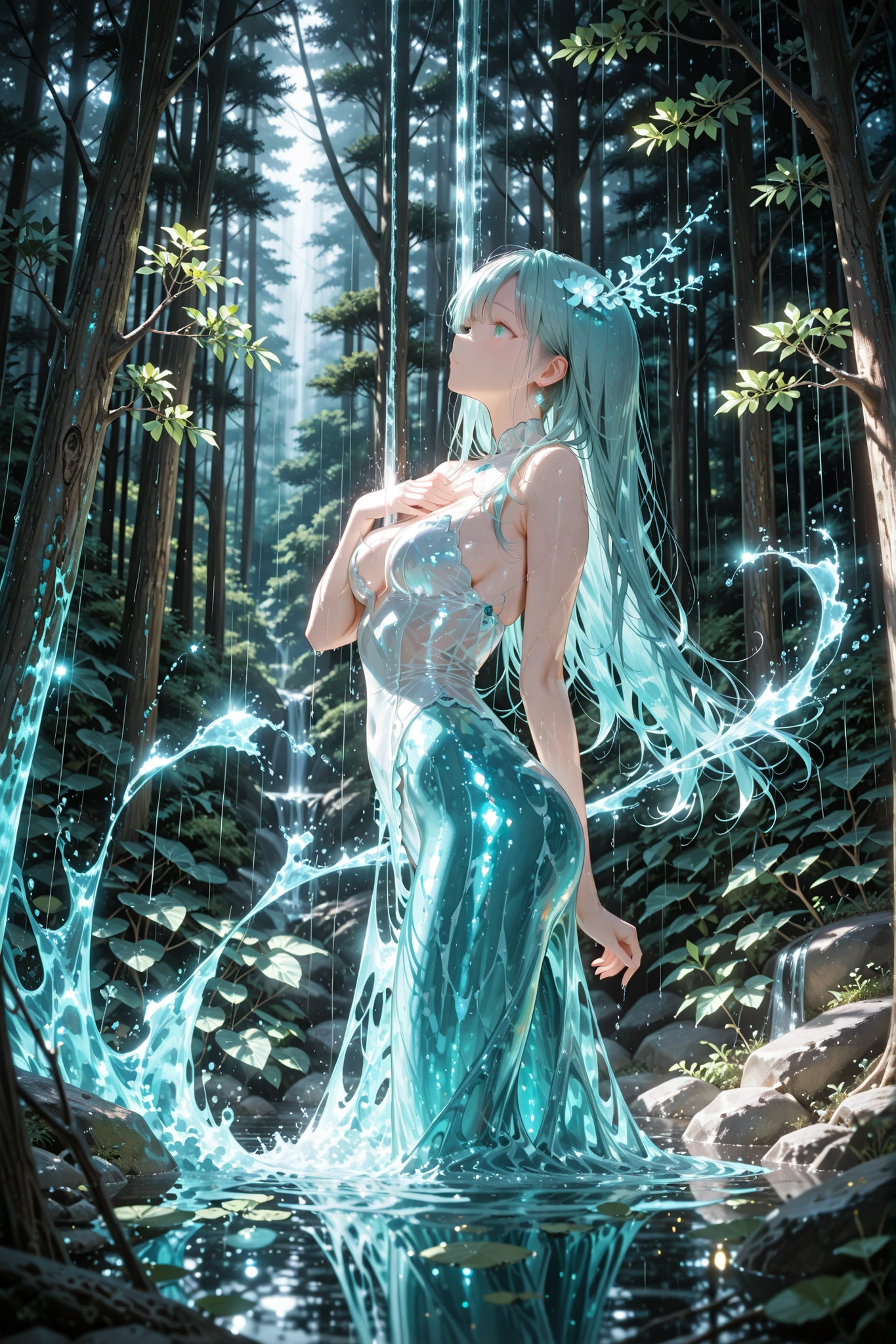 masterpiece, best quality, 8k uhd, pure water female figure from side view, liquid crystal body, flowing water streams forming feminine silhouette, one arm gracefully covering chest, water arm translucent and flowing, dark tree branches strategically censoring intimate areas, liquid figure floating in profile pose, elegant water streams flowing down body curves, heavy rain storm, glowing water edges, dramatic side lighting, ancient trees with intertwining branches, dense network of trees, puddles reflecting moonlight, misty night atmosphere, water manipulation, infinity style, moody, side view, censored, sfw