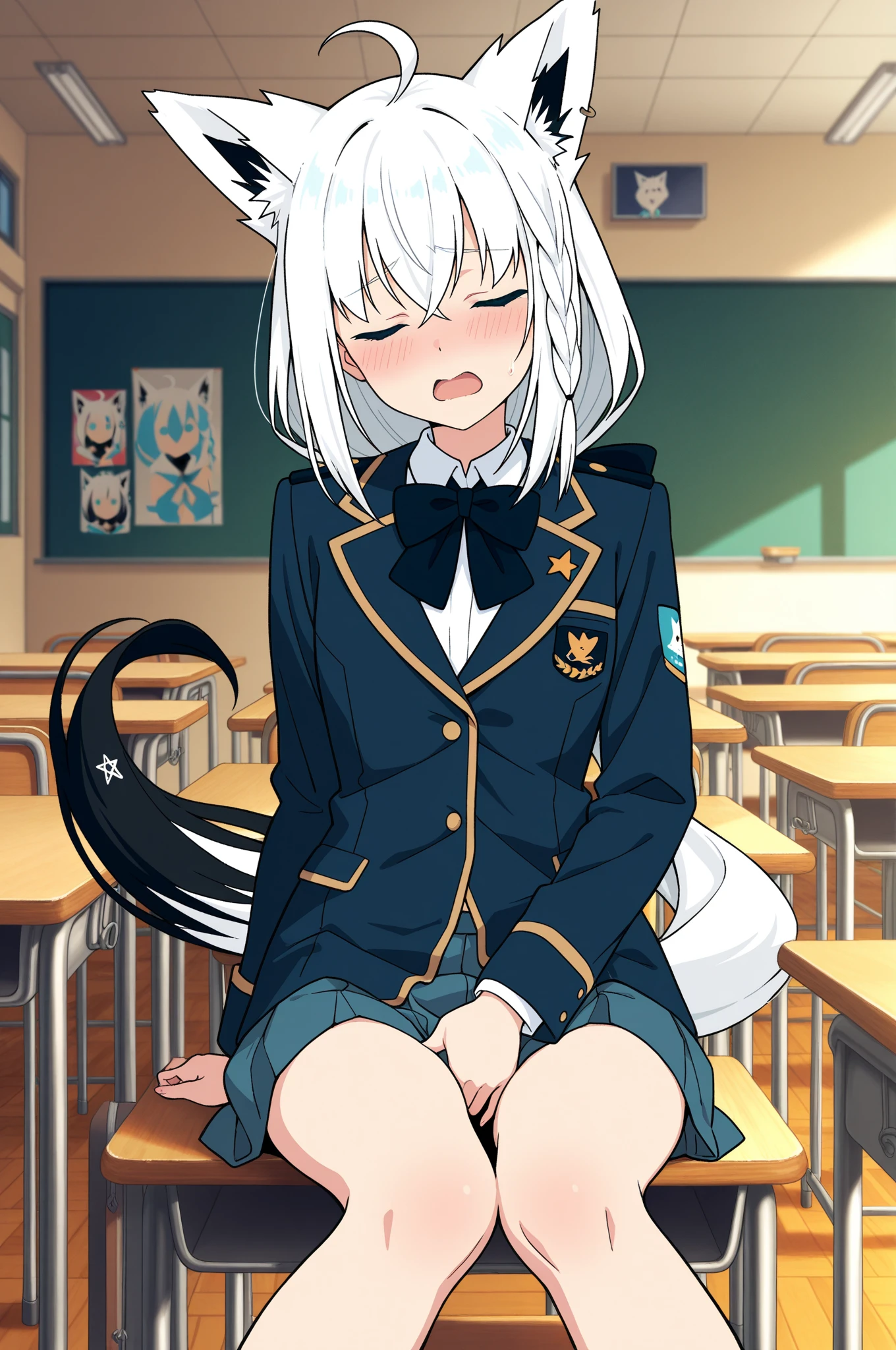 highest quality、masterpiece、((1 girl:1.5))、(())、(blush:1.5)、(smile)、((fun!!))、cute、Dog ears、(Silver Hair)、、high school girl、((classroom:1.5))、()、sit on the ground with your knees up、Kamimei、look at me、(No underwear:1.3)、((Shaved:1.5)), ((Red bow tie, , Black jacket, Open jacket, White cardigan, White shirt, Black Skirt, Checkered Skirt、Black socks))、 (No underwear:1.3)、((Shaved:1.5))、(highly detailed closed labia:1.5)、((Peeing is occurring:1.8))、peeing、Light blue eyes、long hair
