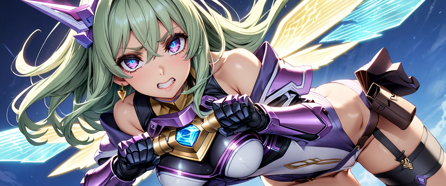 (Perfect Anatomy)、Mastepiece、Ultra High Quality、 8k、masterpiece、Highest quality、Ultra-high resolution、Maximum resolution、Very detailed、Professional Lighting、anime、woman、thin、Very beautiful face、Beautiful eyes、(Highly detailed eye)、Highly detailed face、Frustrated face、Grit your teeth、White and purple enamel high leg leotard、Purple pattern、((Cyber Armor))、Shiny Armor、White decoration、Cyber Headgear、Shoulders show skin、Golden earrings、Green Hair、long hair、Purple Eyeedium breast、Pink Lips、White cloak、With a shiny shield、Has mechanical wings on his back、Dynamic Pose, Summoning a magic sword, energy sword, mechanical wings, , contouring, makeup, eyeliner, eye shadow, pink cheek, pink lips,