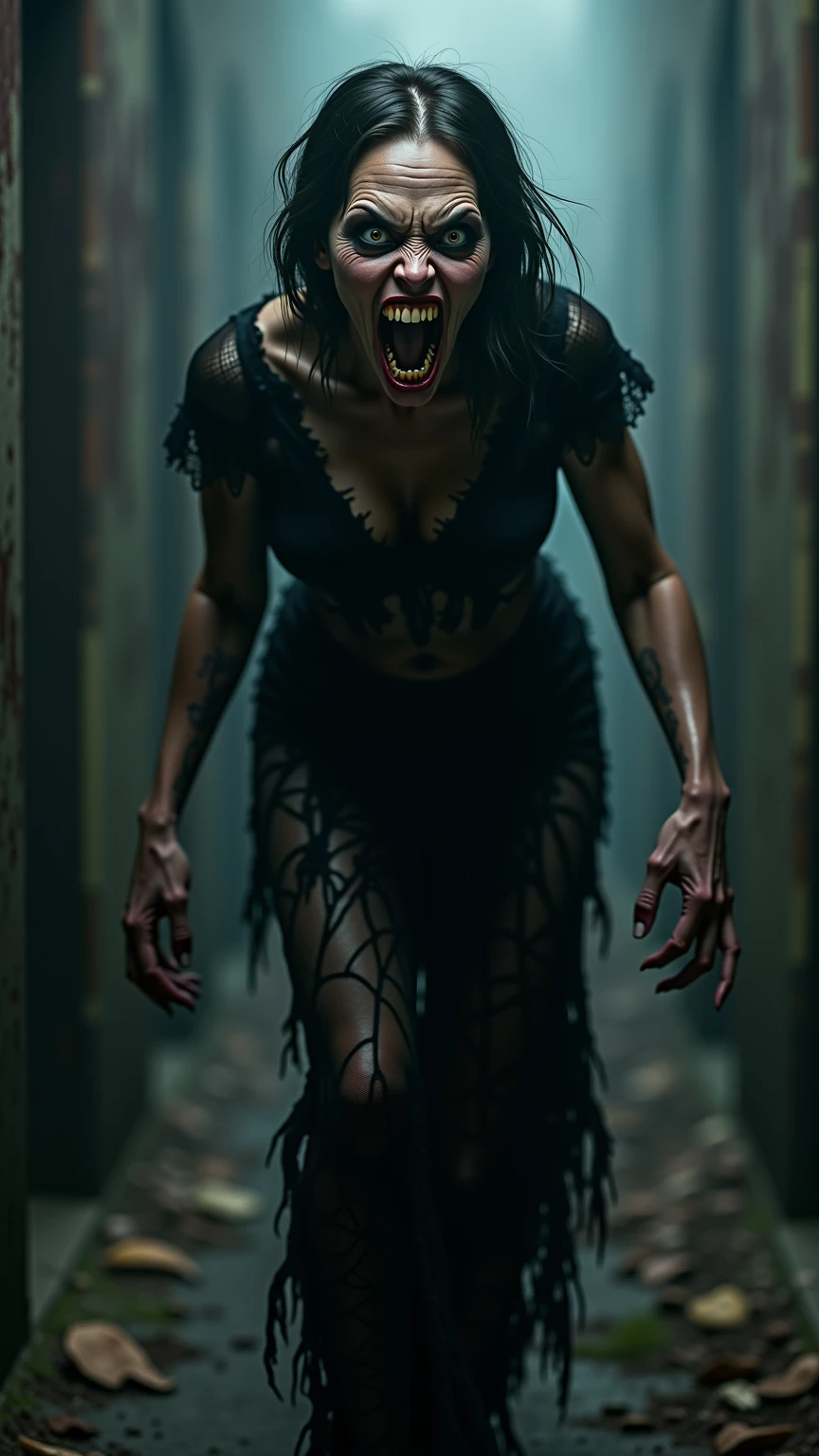 8k, A woman crawling on the ground in the forest. (1woman). High resolution, real looking skin, real skin pores, moles on skin, Horror, very long black hair, (photorealistic), wearing a dirty gown, eerily distorted face, at night, Tonal color scheme, dark ambiance, very scared expression, mystery, Crazy look, In the style of Denis Villeneuve, grudge, Grievances, cleavage, Crawling to the ground, detailed background, Middle-aged woman, Lies down and looks up, reaching out her hands, Wide open mouth, shouting and screaming, fear, Female in her 40s, mybeauties
