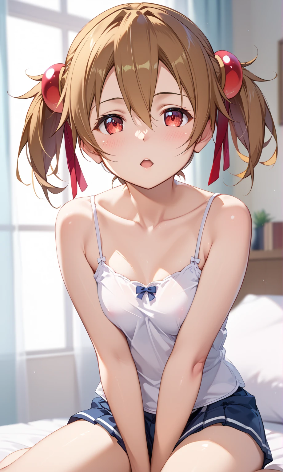 masterpiece,Pullover tank top shirt, Tank Top Shirt Down, Nipples,Nipples、Nipplesが見える,Nipples,Nipples、Nipplesが見える,, Off the shoulder,  shoulders, Blonde, Curly Hair, Twin tails, smile, hot pants digging into , Africa, Put your hands on your head, Leaning forward,Nipples,Nipples、Nipplesが見える