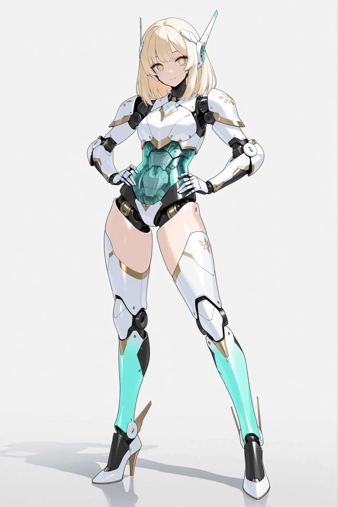 girl, mecha girl, robot girl, knight motif robot, robot joints, mechanical joints, sleek feminine robot body, (mechanical elegant knight armor), translucent parts, white color scheme, (aqua color accent), Thighs and upper arms with pink color accent, elegant sleek mechanical limbs, (beautiful cute face), (hight detailed face), light yellow eyes, ((mechanical eyes)), white pupil, (mechanical headgear), (medium hair), blonde hair, hight heels, high detail body, elegant standing pose, white simple background, (looking at viewe),