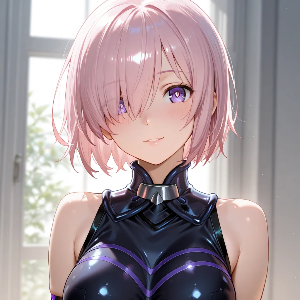 whole body、mash kyrielight, short hair, purple eyes, pink hair, hair over one eye,gloves, bare shoulders, elbow gloves, armor, black armor,smile、Ultra-detailed illustrations、Ultra-precise expression、masterpiece、Highest quality、ultra High resolution、High resolution、Hiromitsu Takeda Style、White background、Simple Background、whole body、One girl、solo、White Breath、Sweat、Glowing Skin、shiny skin、Front angle、View your viewers、stand、