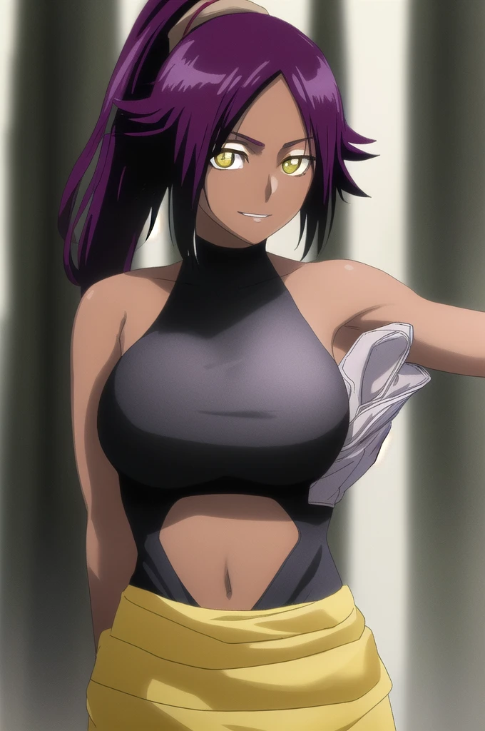 Lara Croft, Revy, Yoruichi Shihoin, cleavage, 25yo woman, hazel eyes, very tan skin, tight booty shorts, black tank top, short hair, black hair, determined smile, Filipino, beautiful woman, hourglass figure, solo mature woman, strong muscular woman, masterpiece, intricate detail, perfect anatomy, beautiful and aesthetic, beautiful, best quality, muscular thighs, anatomically correct, ultra detailed, realistic, mature,Bigchest,Big breasts Thin waist,long leges,Raised sexy Sharp focus :1.2, A pretty woman with perfect figure :1.4, Slender abs :1.2, ((Dark brown hair, Big breasts :1.2)), (Very detailed CG unity 8K wallpaper)