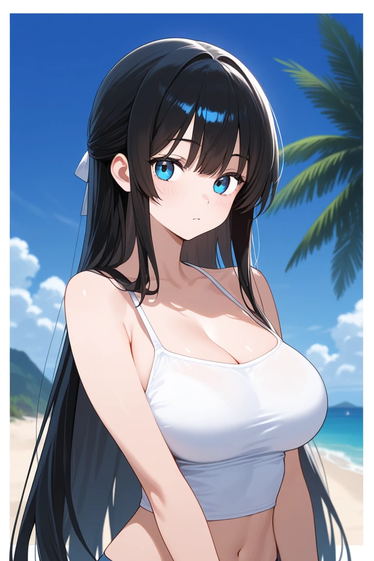 A Beautiful Cute Thick Young Girl, with ((Long Black Hair)), (Big Beautiful Bright-Blue Eyes), Large Breasts, Huge Thighs, and a 5.5 foot tall figure. Wearing a (Cute, Shoulder-less White Dress), with a (Black Skirt). Standing in a Modern House, with a Beautiful Ocean view in the background. Big Cleavage, Cute Smile, slightly happy expression,