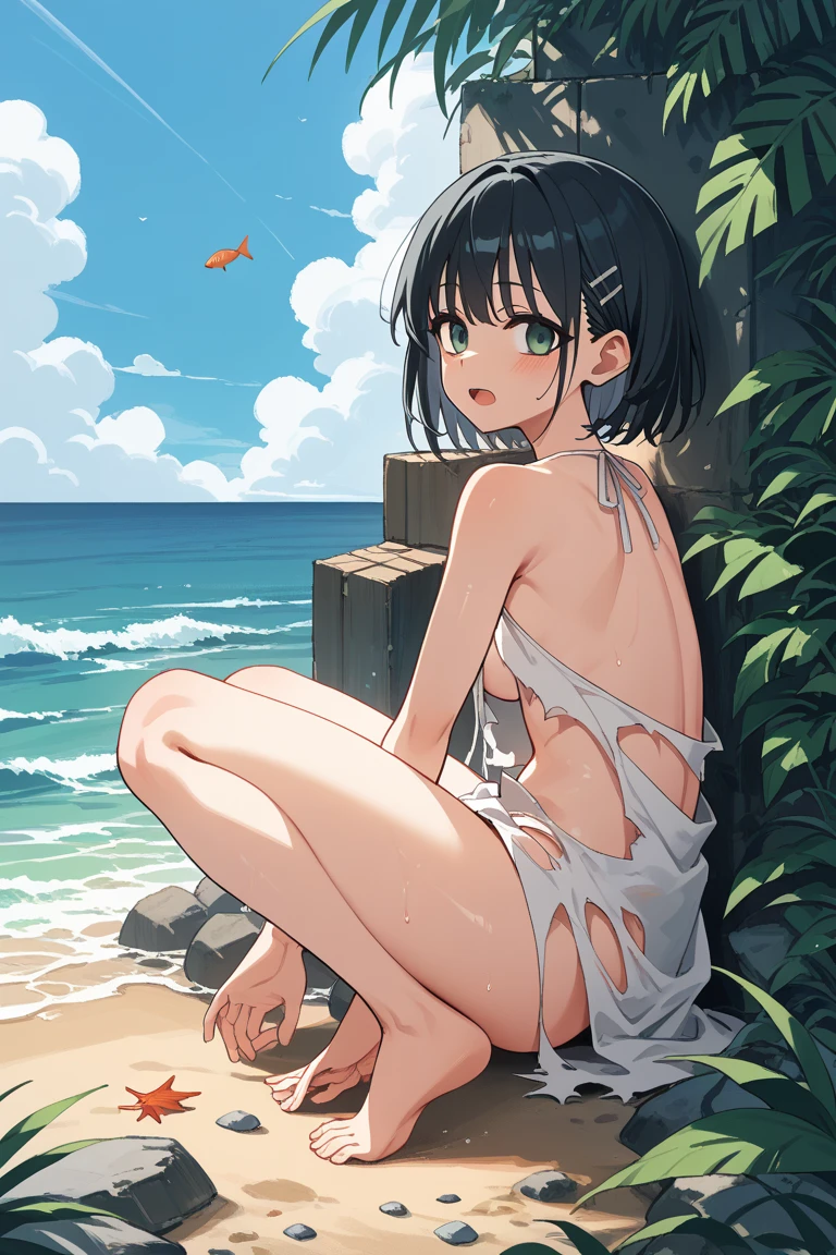 anime style, best possible quality,
beach, morning, sunny day, sand and waves in the sea, rocks with crabs,
naked thin Japanese woman, black hair, perfect body, small breasts and well-defined nipples,
She is in a doggystyle position, arms extended on the floor, head on the floor, bare butt sticking up, knees bent on the floor, legs open showing her anus and also her vagina, very detailed, sensual look