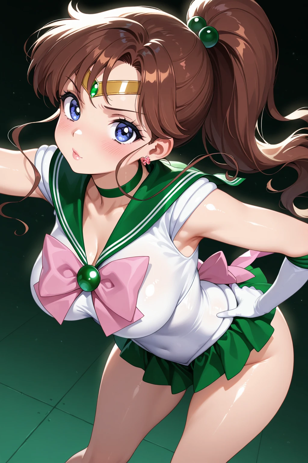 masterpiece, best quality, highres, hmjupiter, green eyes, ponytail, tiara, jewelry, sailor senshi uniform, green sailor collar, choker, elbow gloves, white gloves, pink bow, brooch, leotard, off skirt, cowboy shot, standing, night, moon, flustered,large breasts, panties,white background,simple background, show off nipple,