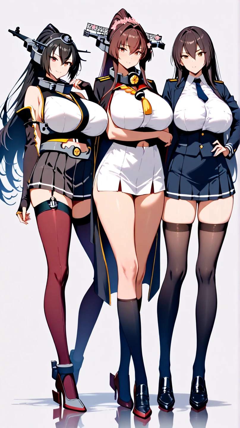 huge breasts, 3girls, sexual poses, crop top, skirt, thigh highs, schoolgirls, tall, overly sexualized,